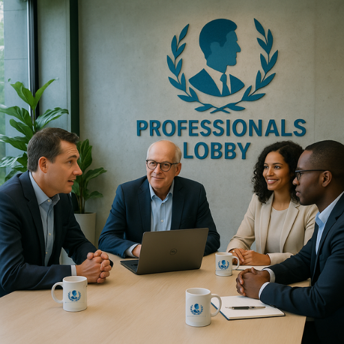 Professionals Lobby team discussing business technology
