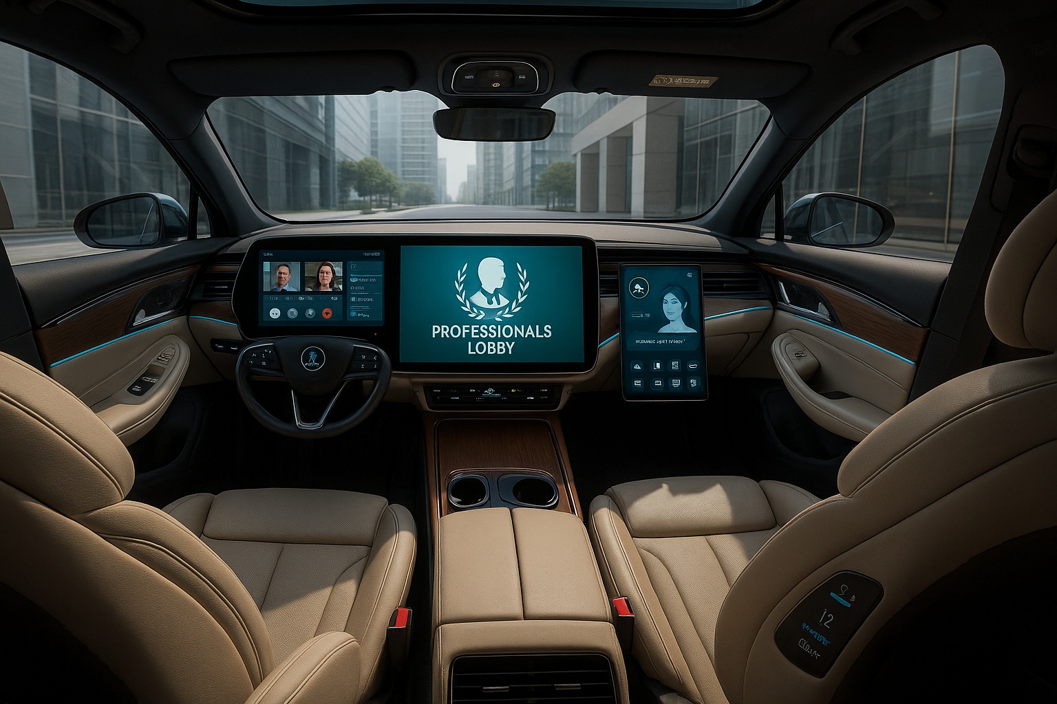 Futuristic autonomous car interior with AI assistant