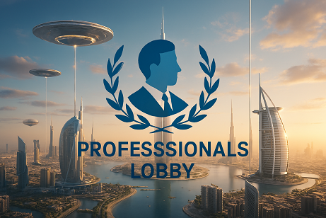 Futuristic Dubai skyline in 3025 with floating structures and space elevators