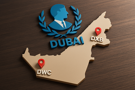 Map showing DXB and DWC locations in Dubai