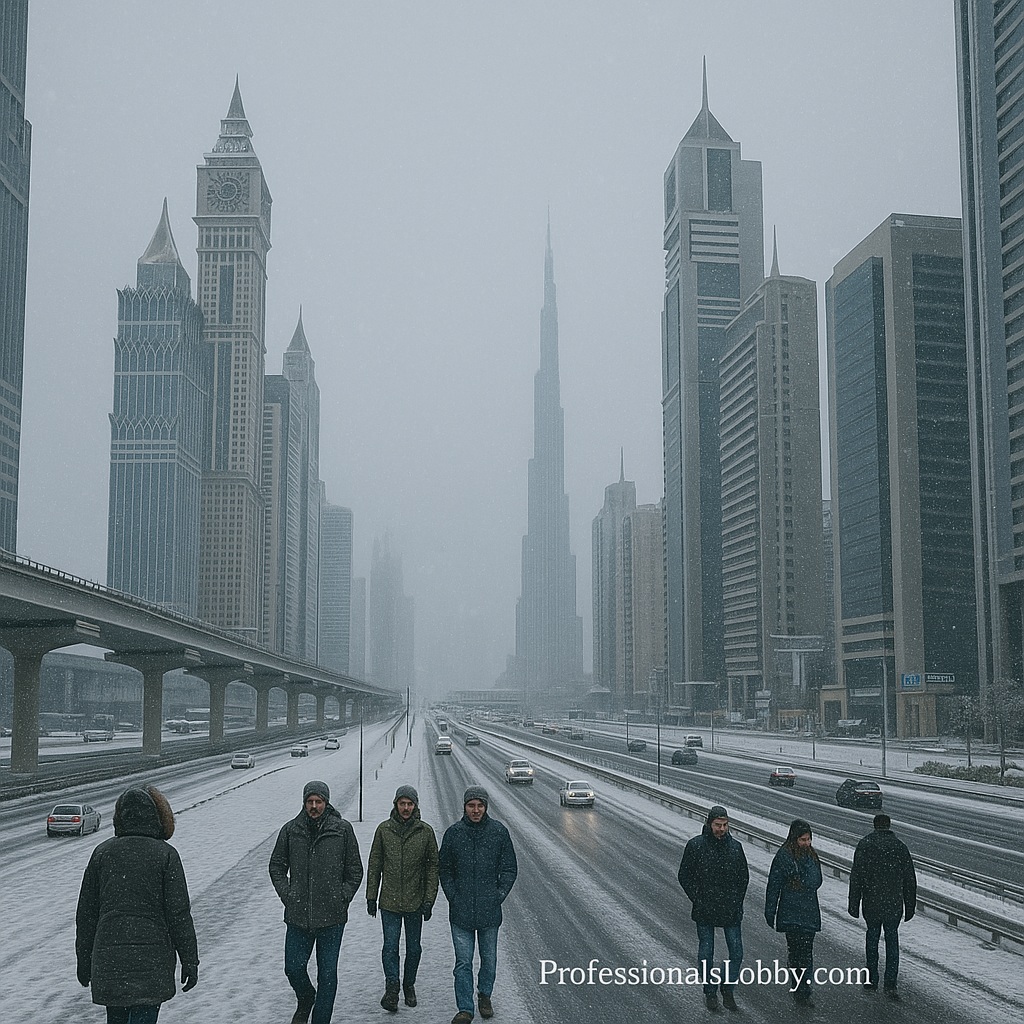 Sheikh Zayed Road in snowfall